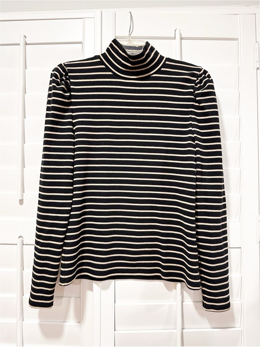 J.Crew Black Gold Striped Mock Neck Puff Sleeve Metallic Knit Top Size Large